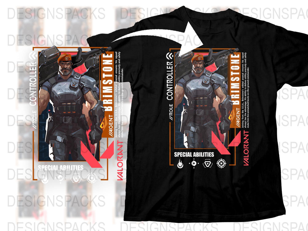 Valorant Brimstone T-Shirt, Video Game Agent Graphic Tee, Men's Black Cotton Shirt with Character Art