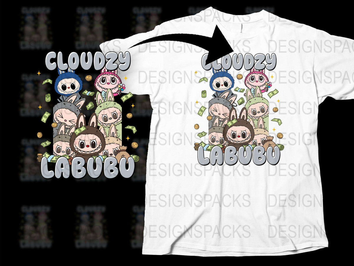 Cute Labubu T-Shirt, Kawaii Cartoon Characters Tee, Cloudy Design, Unisex Kids' and Adults' Fashion Top