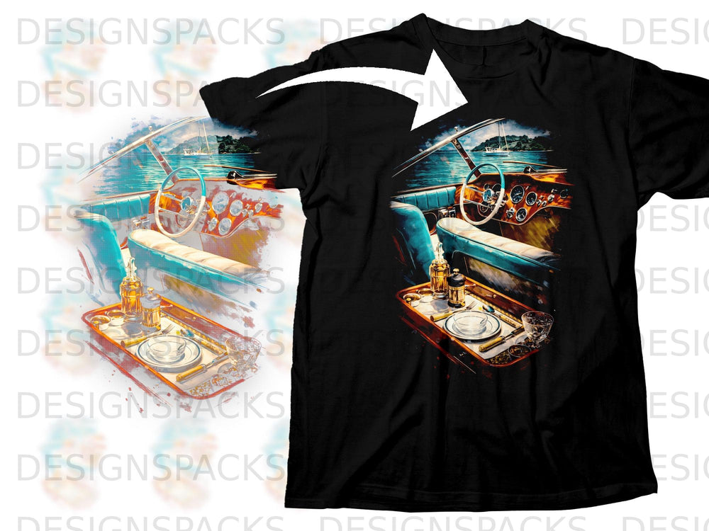 Black t-shirt with a graphic of a vintage boat interior and breakfast tray.