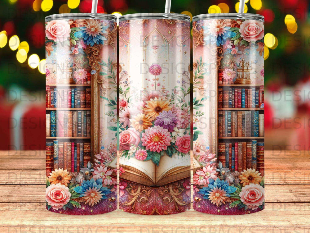 Floral adorned open book with decorative bookshelves and bokeh lights.