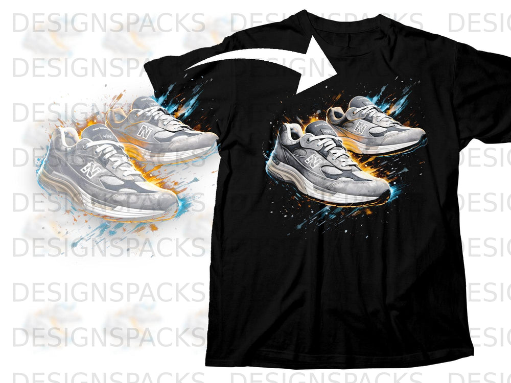 Black t-shirt featuring a dynamic graphic of two grey New Balance sneakers with paint splatters.