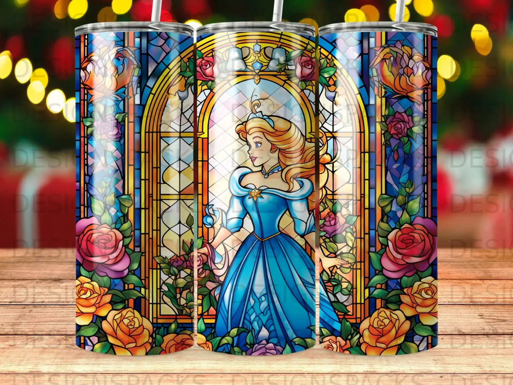 Stained glass window with Cinderella in blue gown, surrounded by roses.