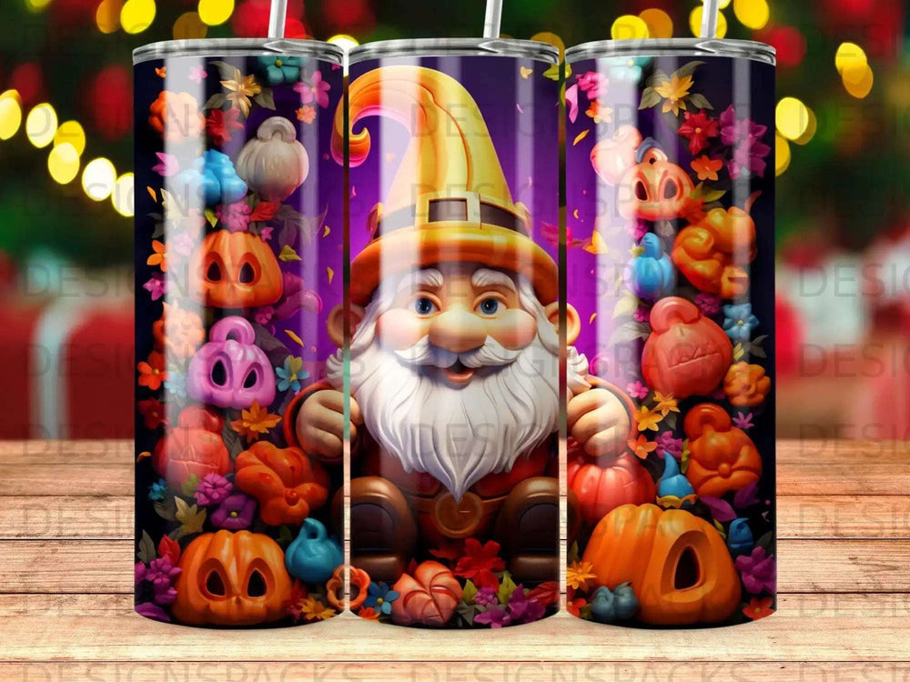 Gnome in orange hat surrounded by pumpkins and flowers.
