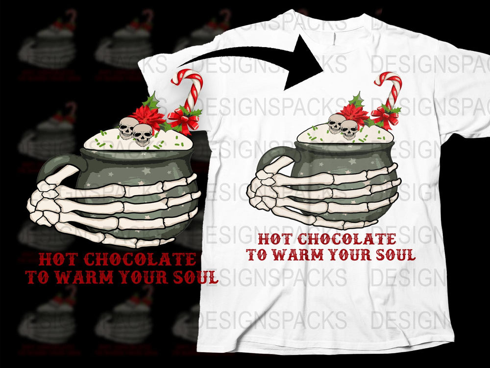 Skeleton Hand Holiday Mug Graphic T-Shirt, Hot Chocolate Soul Warmer, Festive Winter Apparel