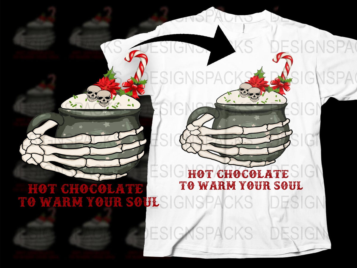 Skeleton Hand Holiday Mug Graphic T-Shirt, Hot Chocolate Soul Warmer, Festive Winter Apparel