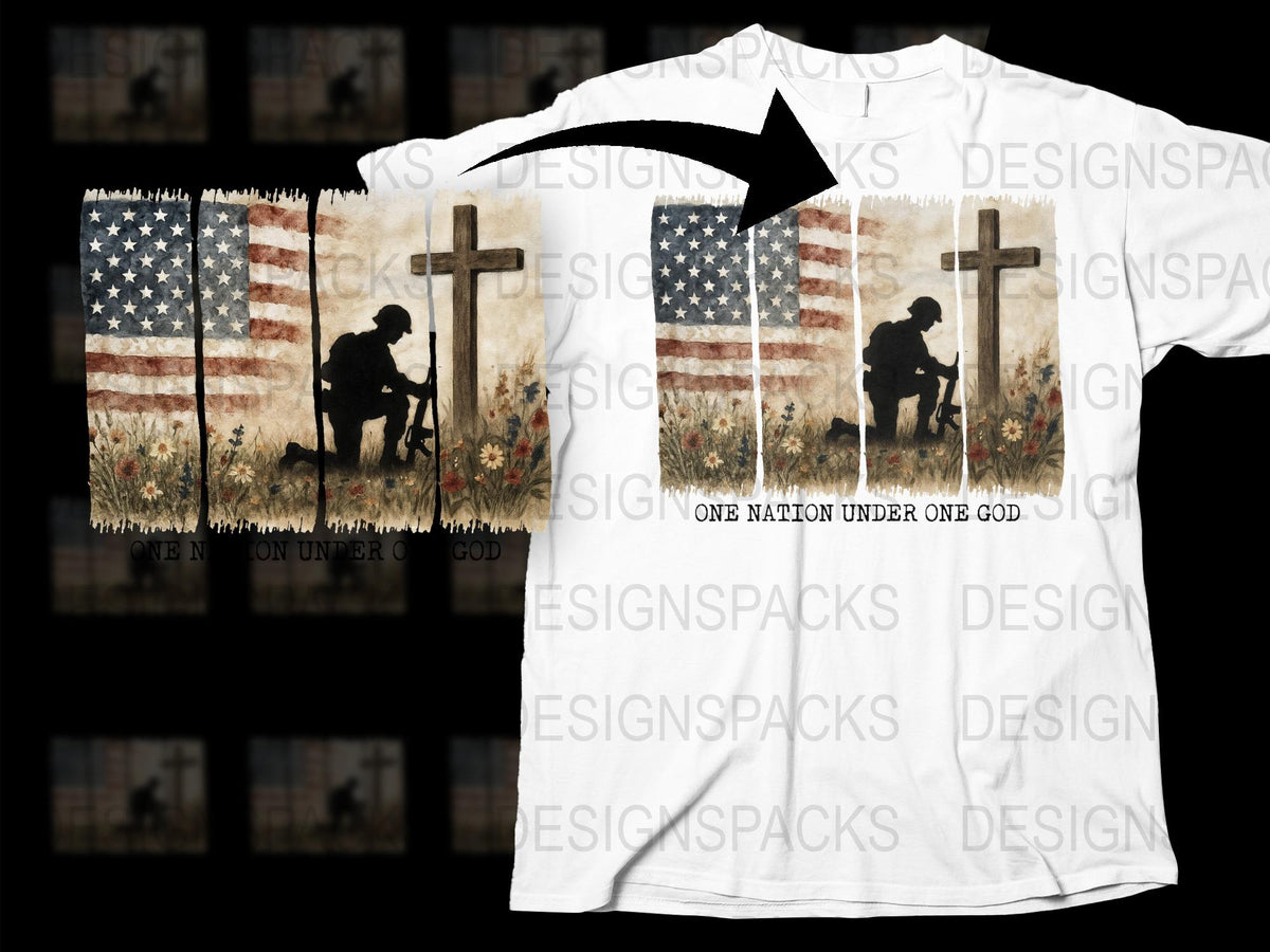 Patriotic American Flag T-Shirt with Soldier and Cross, One Nation Under God, Memorial Day Apparel