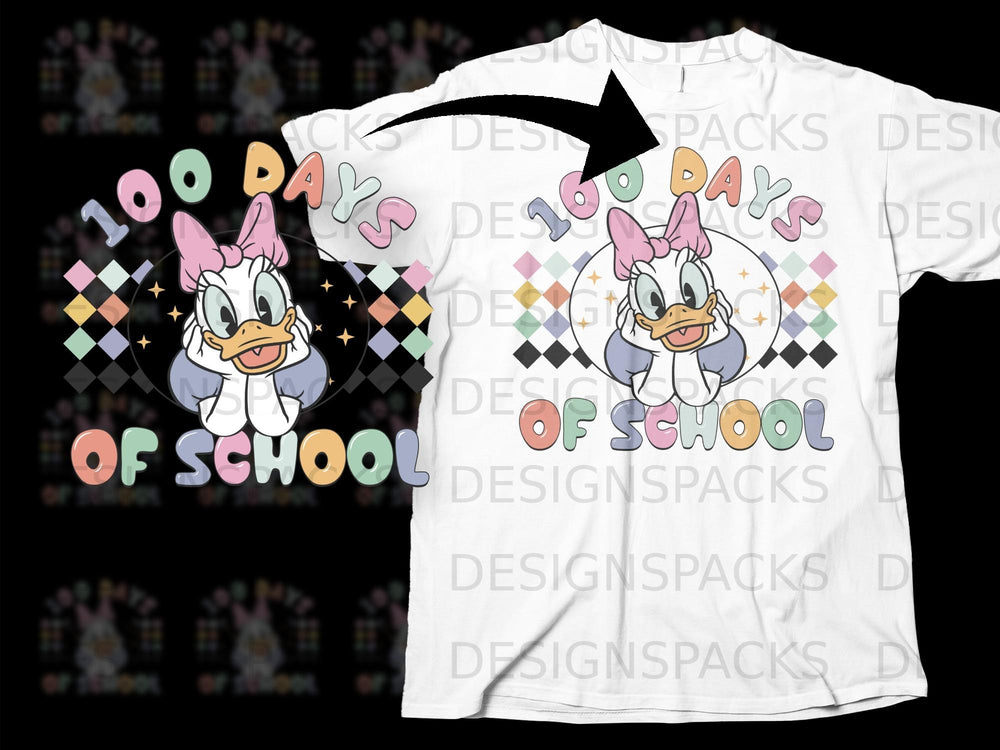 Daisy Duck graphic with "100 Days Of School" text on a white t-shirt.