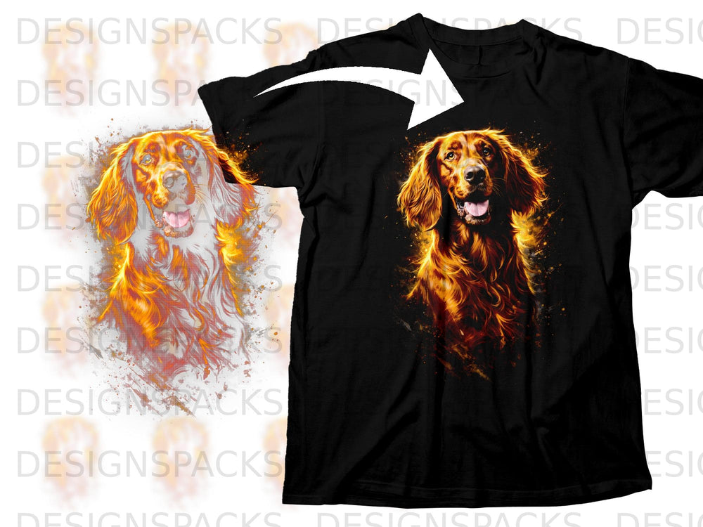 Black t-shirt featuring an abstract, fiery Irish Setter dog graphic.