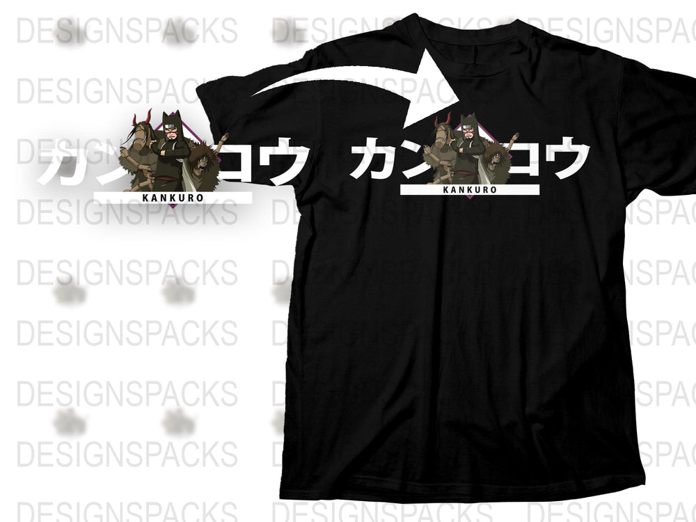 Kankuro Graphic T-Shirt, Anime Inspired Casual Black Tee, Unisex Cotton Shirt with Japanese Text and Character Graphic