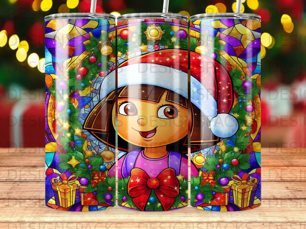 Dora the Explorer in festive Christmas attire with gifts and ornaments.