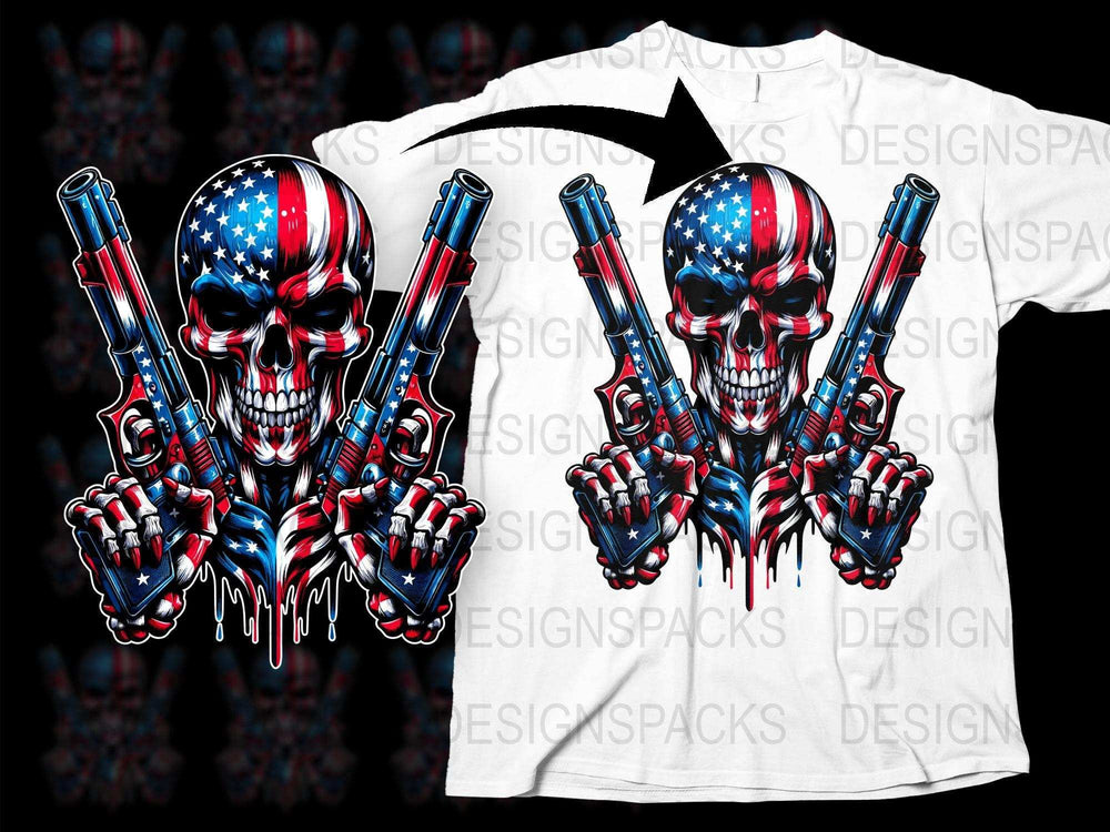 Patriotic Skull T-Shirt, American Flag Design, Dual Pistol Graphic Tee, Unisex Independence Day Apparel