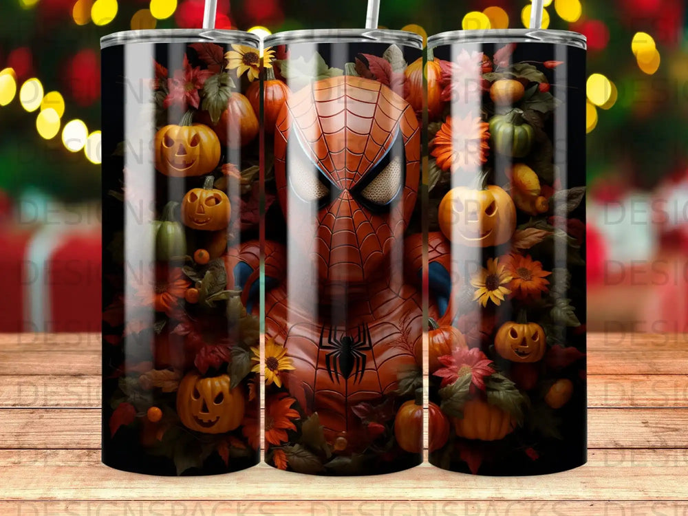 Spiderman surrounded by pumpkins and autumn leaves.