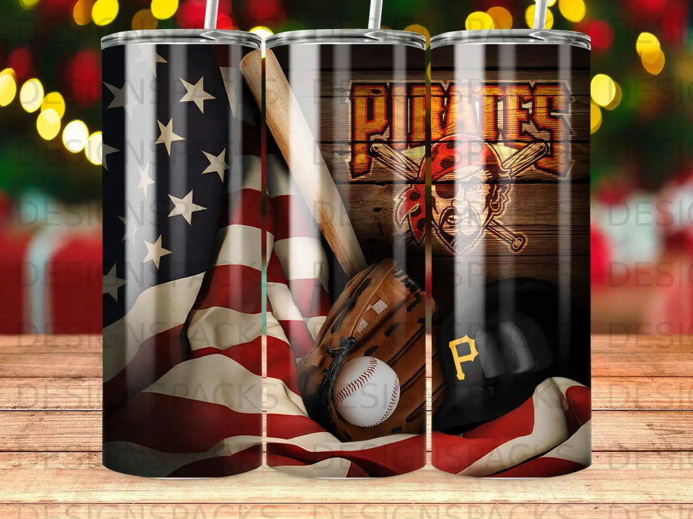 Pirates logo on tumbler with baseball, glove, flag, and wooden background.