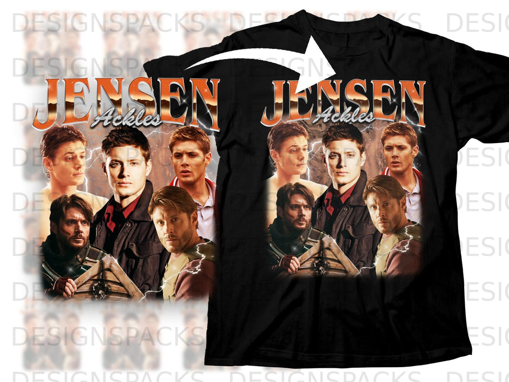 Black t-shirt featuring a collage of Jensen Ackles in various character poses.