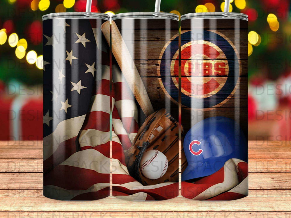 Chicago Cubs baseball helmet, glove, and American flag on wood.