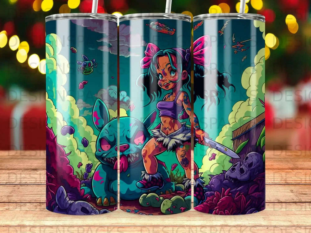 Cartoon girl with pink bow and sword standing next to a monster.