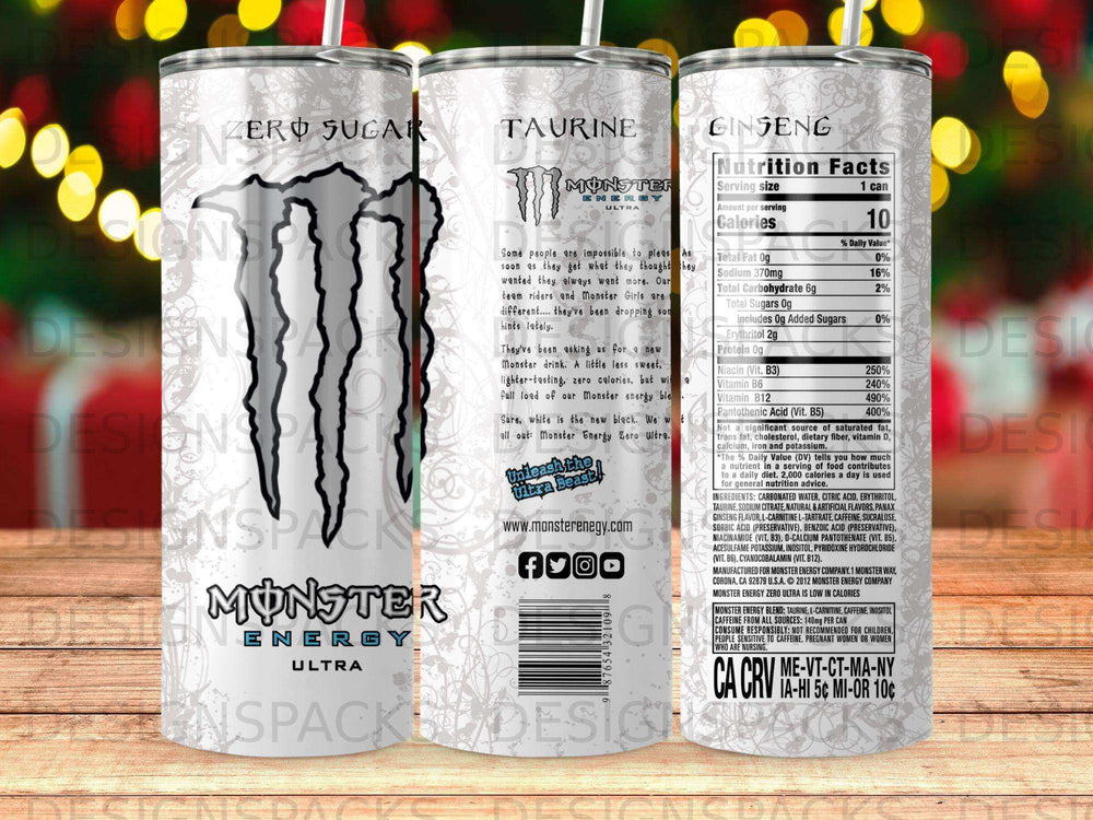 Monster Energy Zero Ultra can with white and black design and nutritional information.