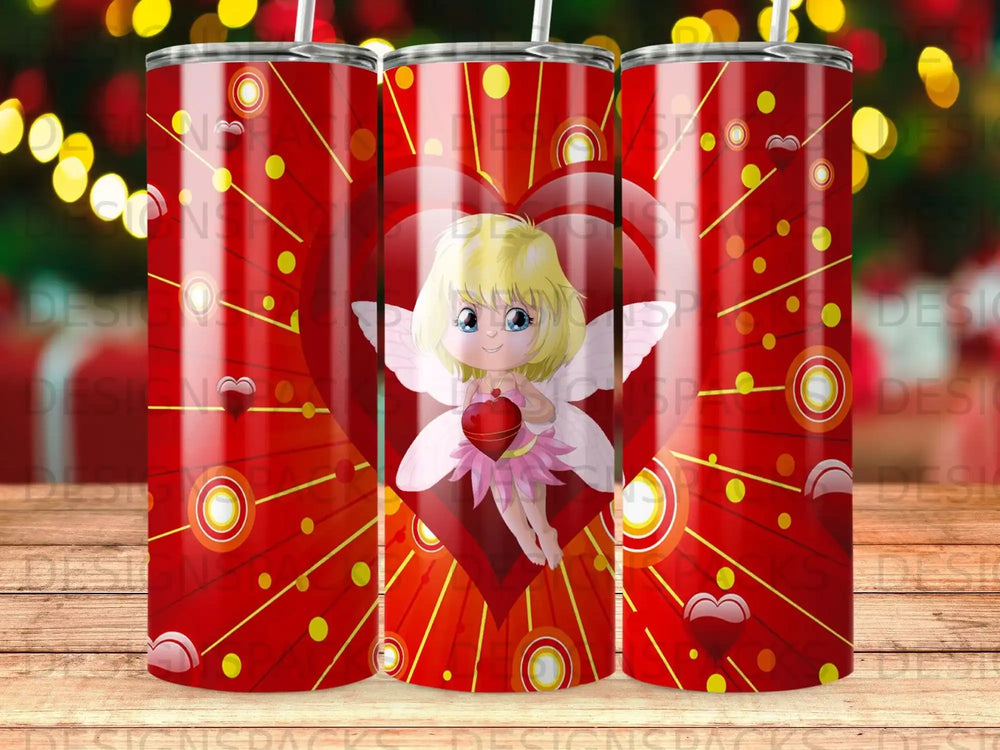 Fairy holding heart ornament on red heart background with sparkles.