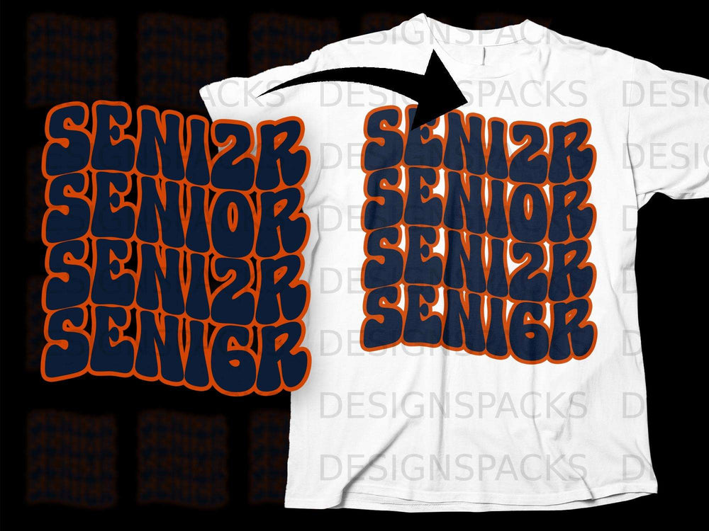 "SENIOR" repeated four times in navy with orange outline on a white t-shirt.
