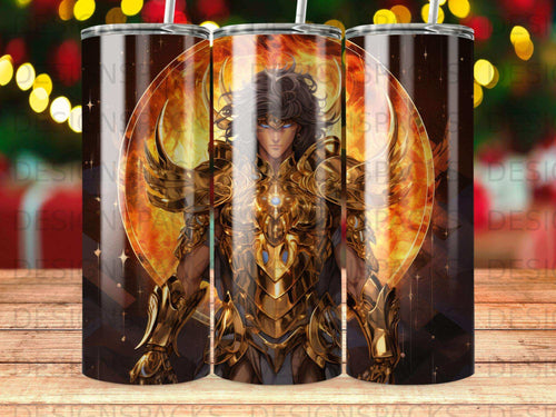 Anime warrior in ornate golden armor stands before a fiery sun.