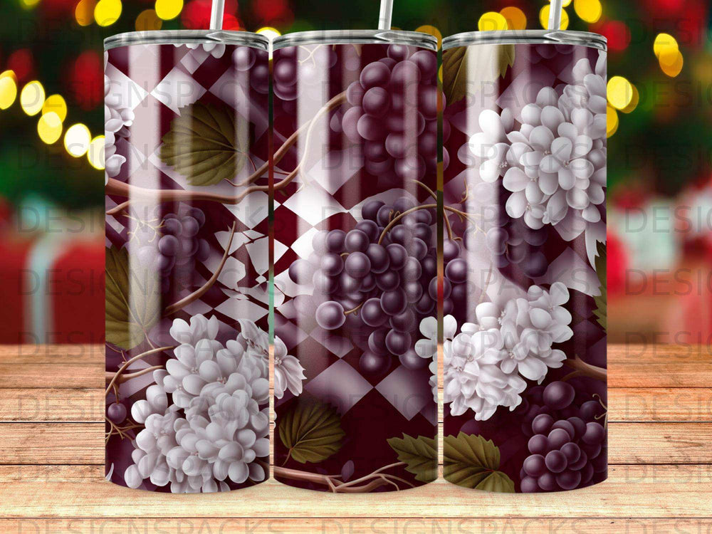 Dark purple grapes and white hydrangeas on a checkered pattern.
