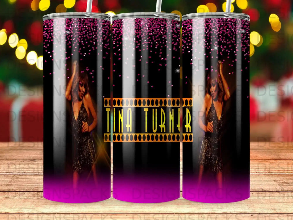 Tina Turner on stage with glittering background and spotlight streaks.
