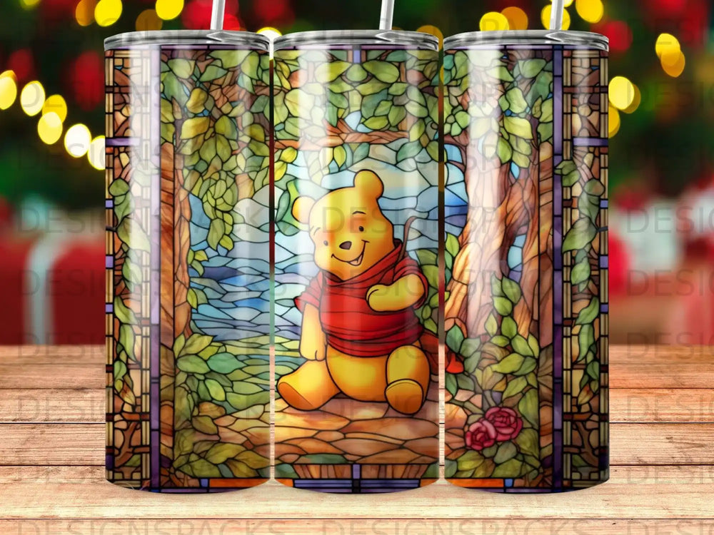 Winnie the Pooh sitting on a bench in a stained-glass forest scene.
