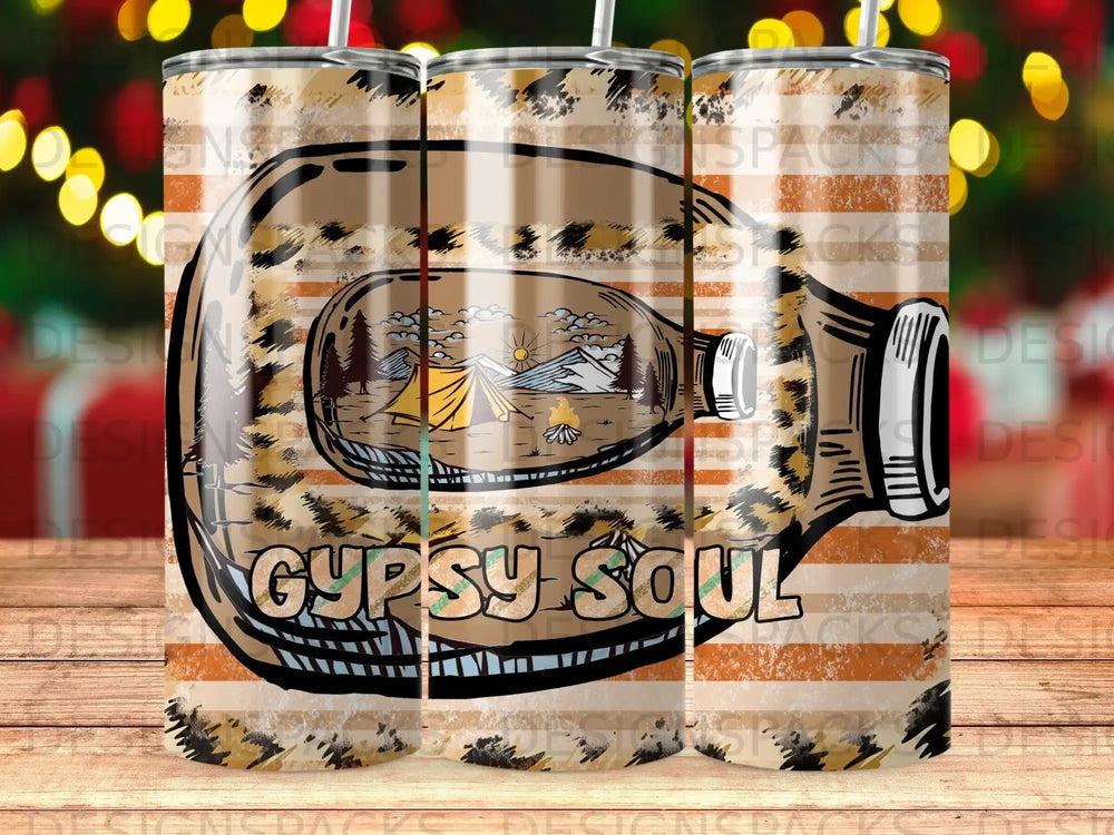 Tumbler with leopard print and "Gypsy Soul" inside a bottle illustration.
