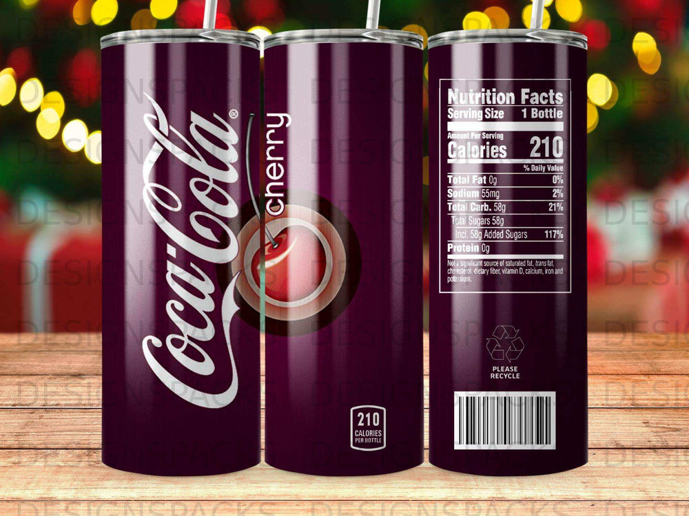 Coca-Cola cherry tumbler with nutrition facts and recycle symbol.