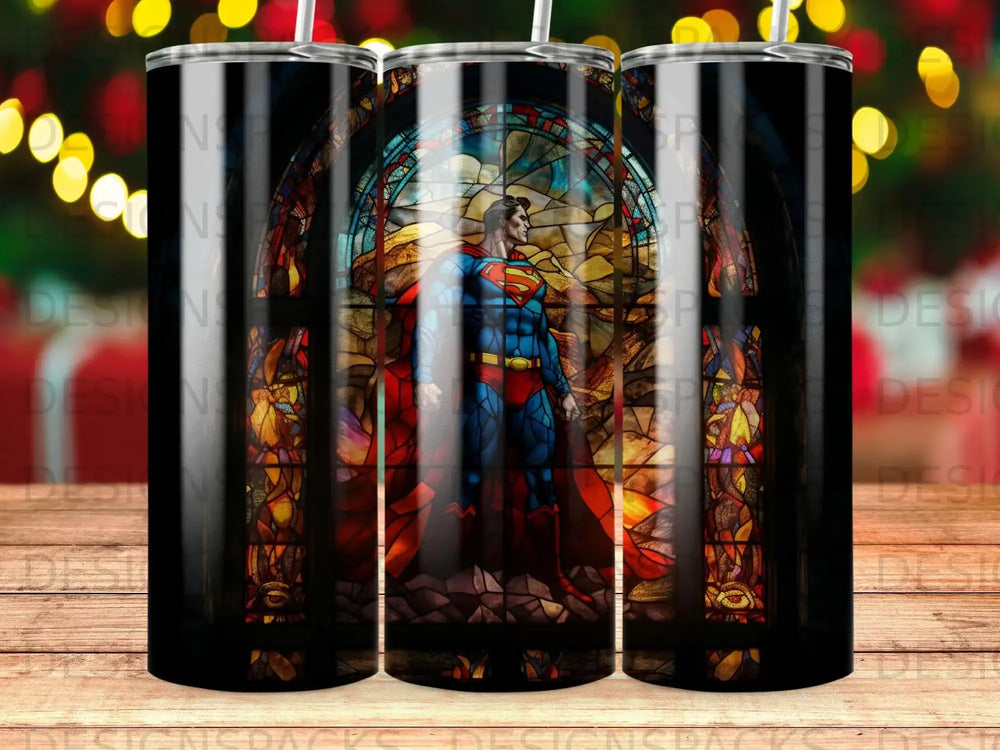Superman standing in front of a stained-glass window.