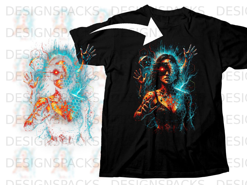 Black t-shirt with a sci-fi female figure with glowing red eyes and hexagonal patterns.