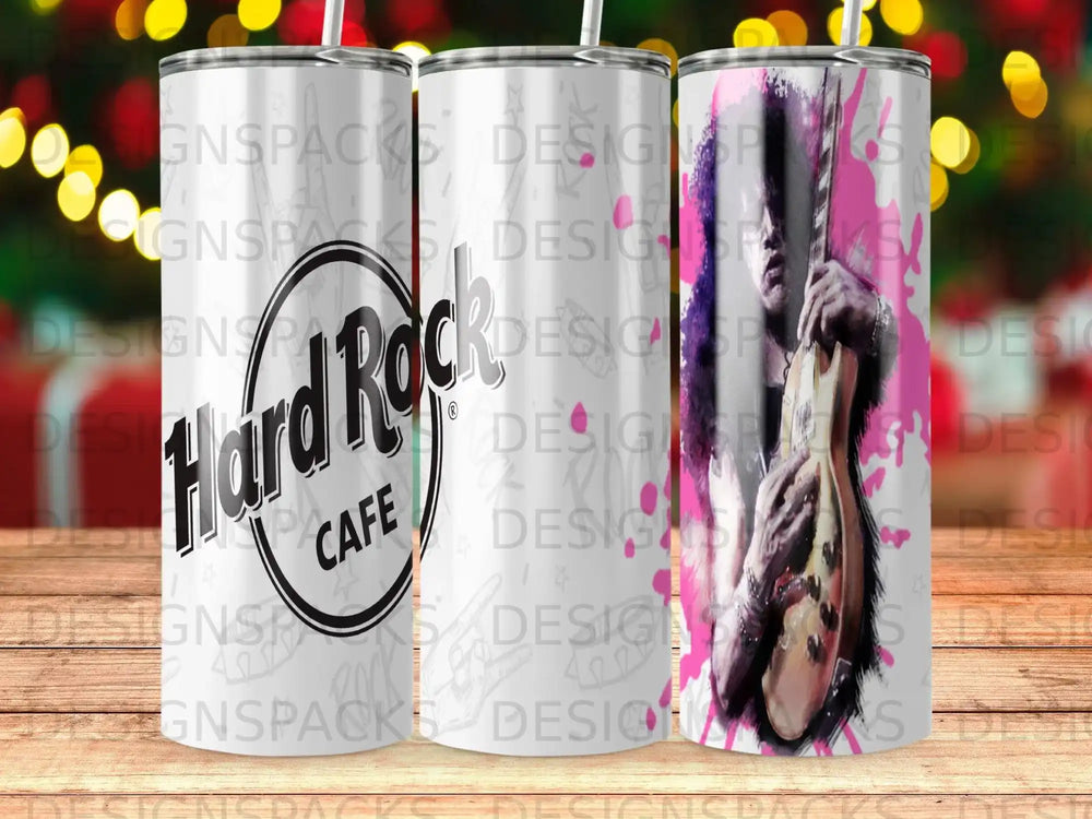Hard Rock Cafe tumbler with vibrant, distressed graphics and pink, yellow, and blue accents.