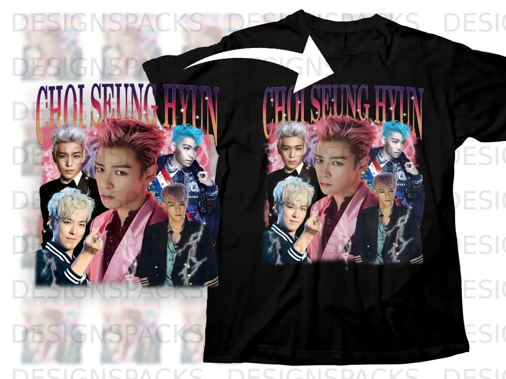 Black t-shirt featuring a collage of K-Pop artist Choi Seung Hyun.
