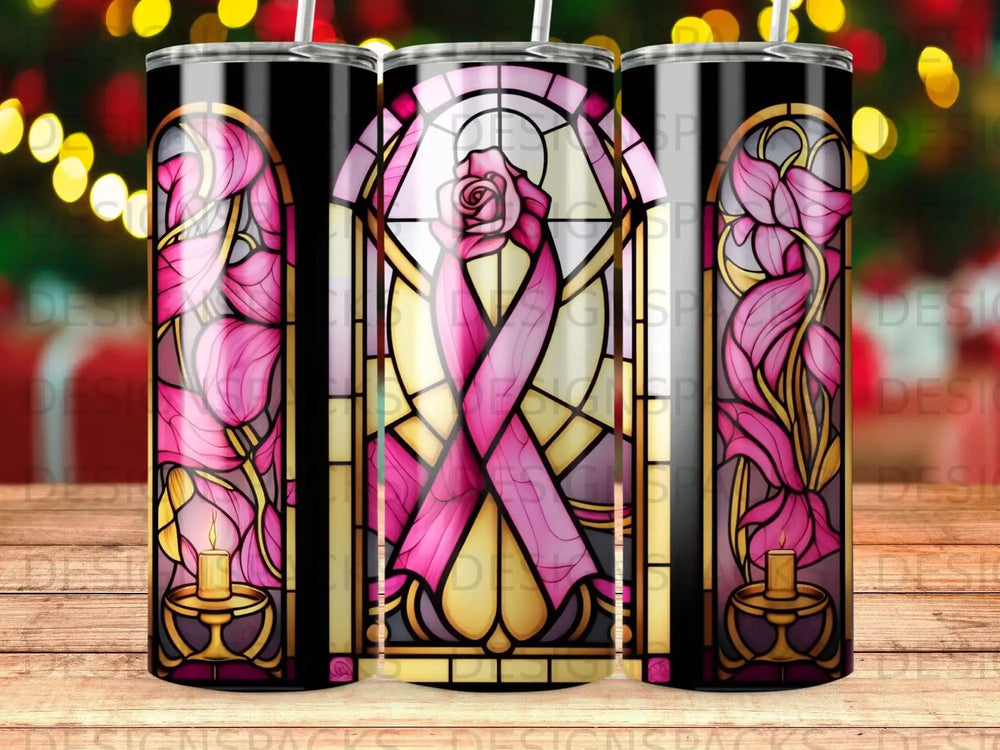 Stained glass tumbler with pink ribbon and floral design.