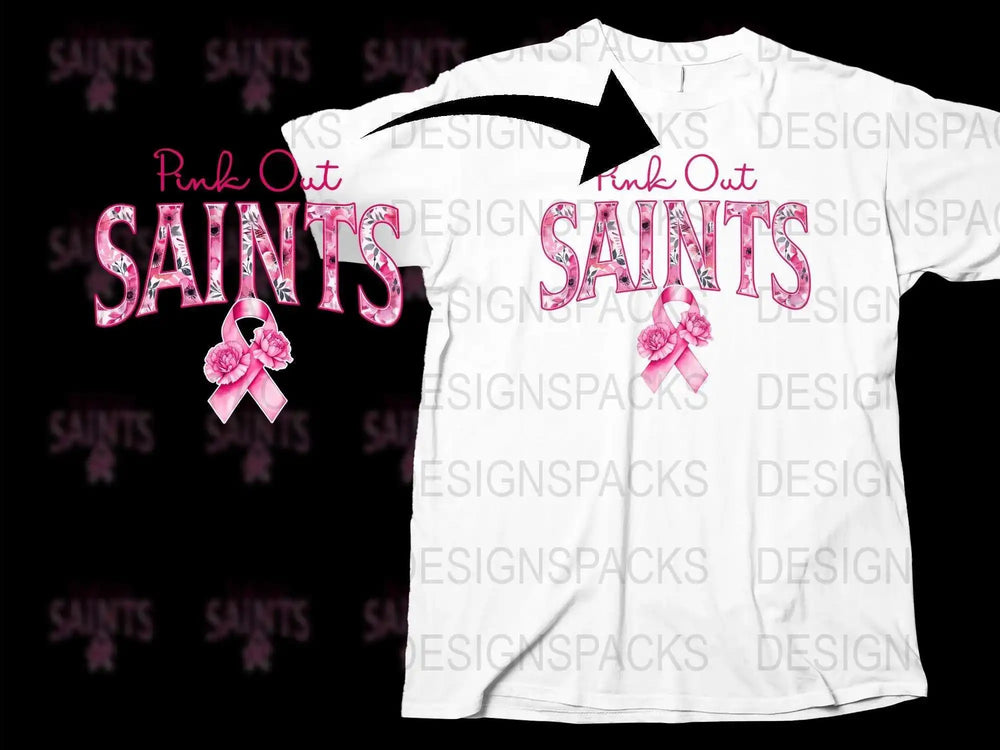 Pink Out Saints T-Shirt, Breast Cancer Awareness Ribbon Graphic Tee, Casual Unisex White Top