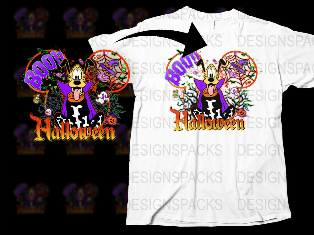 Halloween T-Shirt, Cute Cartoon Dog, Spooky Ghosts, Colorful Kids and Adults Tee