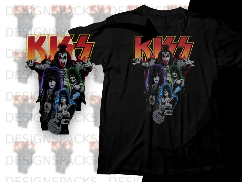 Kiss band members in costume on a black t-shirt.