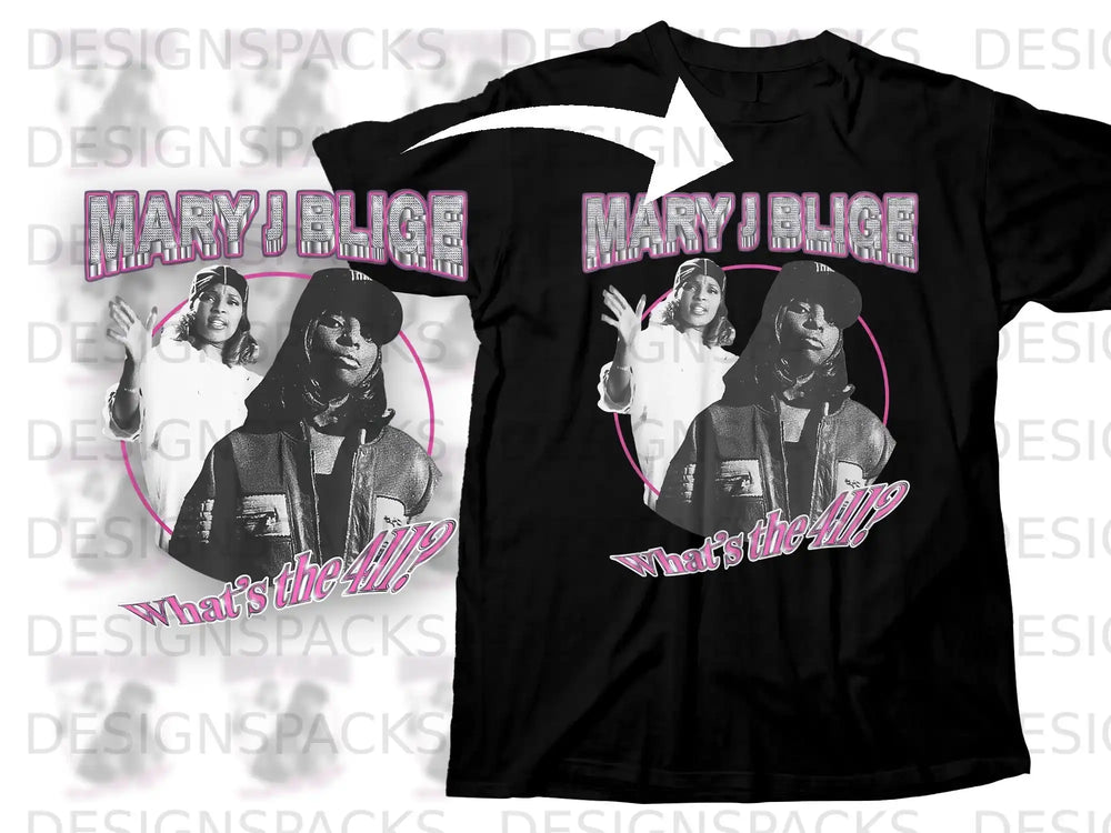 Black t-shirt with Mary J. Blige graphic and "What's the 411?" text.
