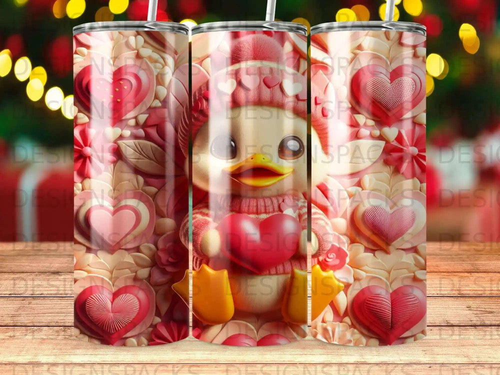 Three tumblers featuring a cartoon duck in a pink hat and scarf holding a heart.