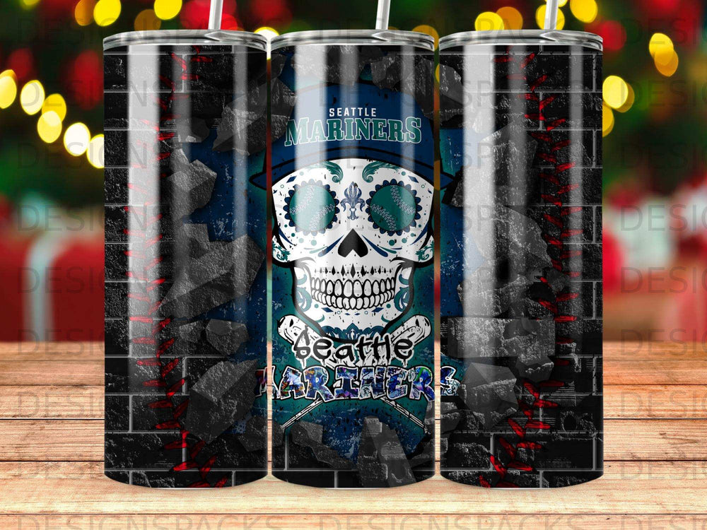 Seattle Mariners skull tumbler with black brick background.