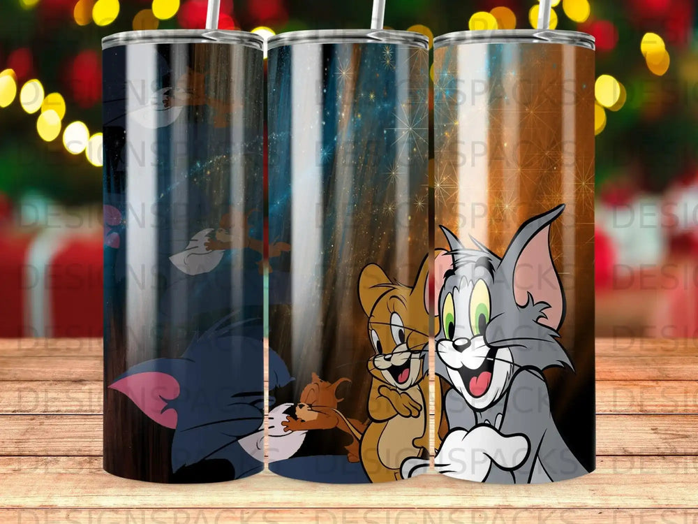 Tom and Jerry characters on a starry background with wood grain pattern.
