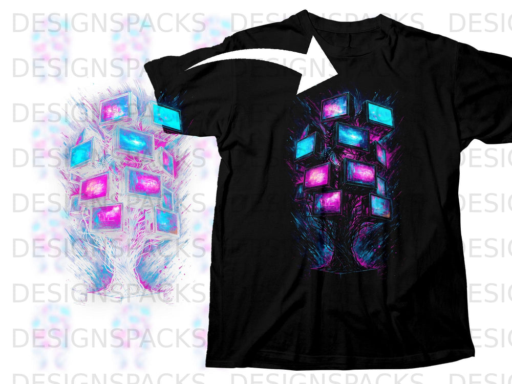 Black t-shirt with a stylized tree made of screens in neon pink and blue.