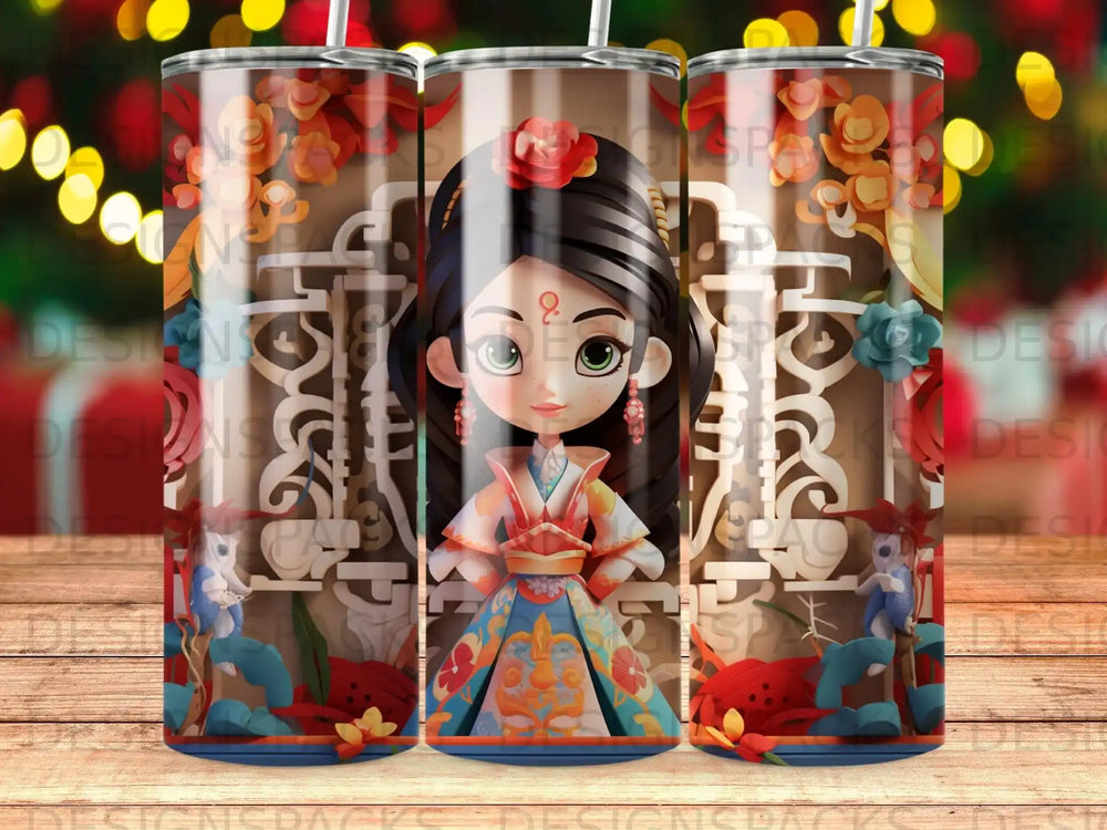 Cartoon girl in traditional Asian dress with floral and crab pattern on tumbler.