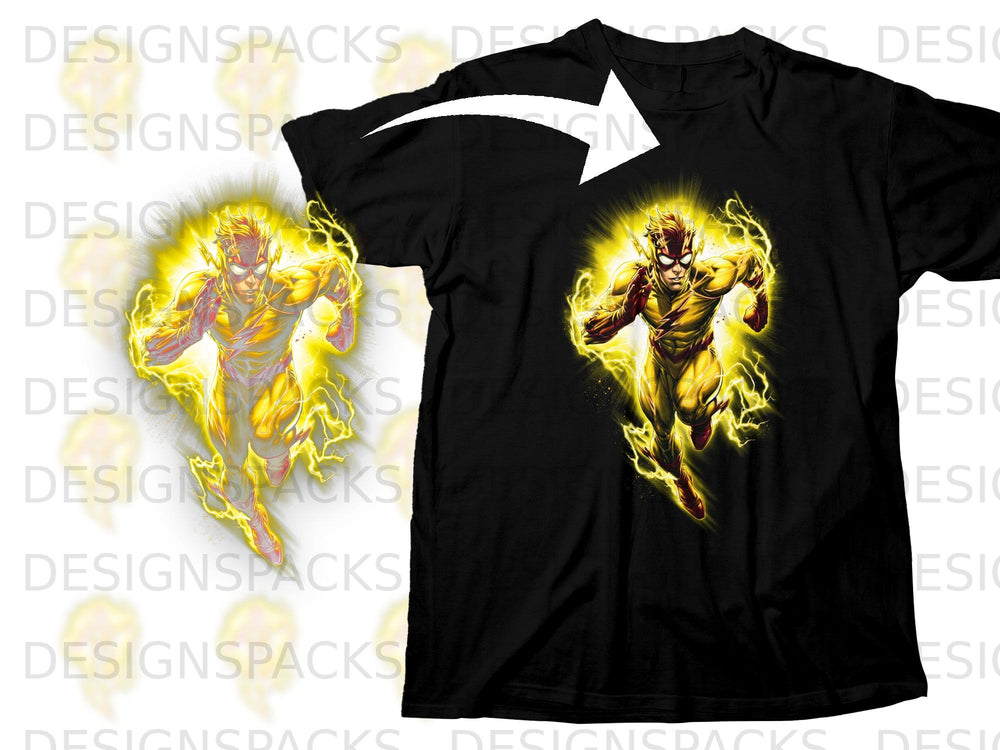 Black t-shirt with The Flash superhero graphic, surrounded by yellow lightning.