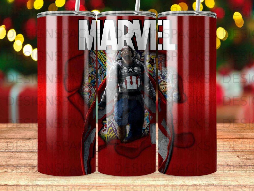 Captain America on a red Marvel comic background.