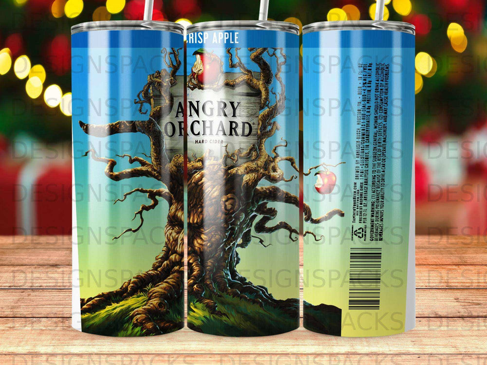 Angry Orchard Hard Cider can with an apple tree and orchard graphic.