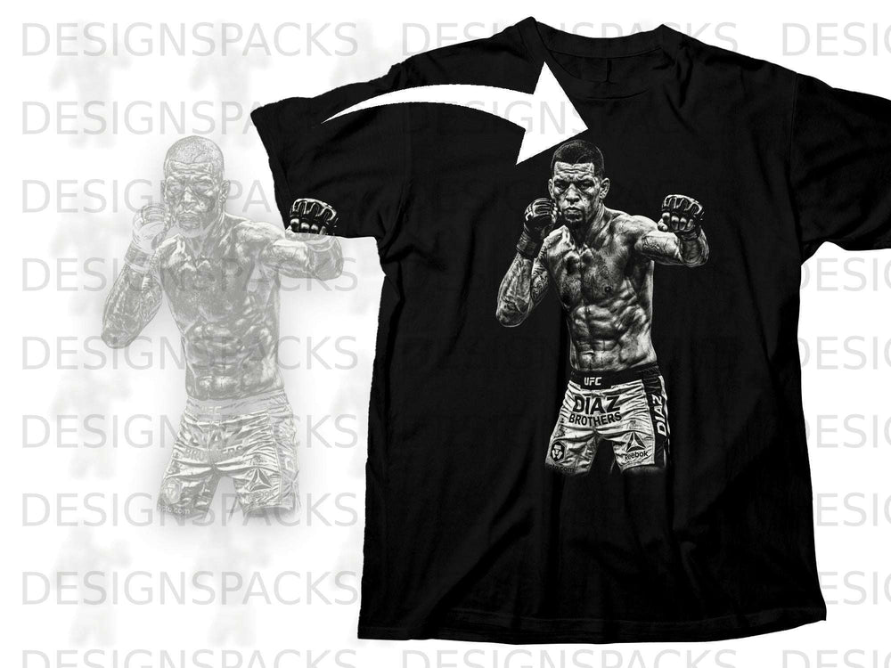 Black t-shirt with graphic of Nate Diaz wearing UFC shorts and boxing gloves.