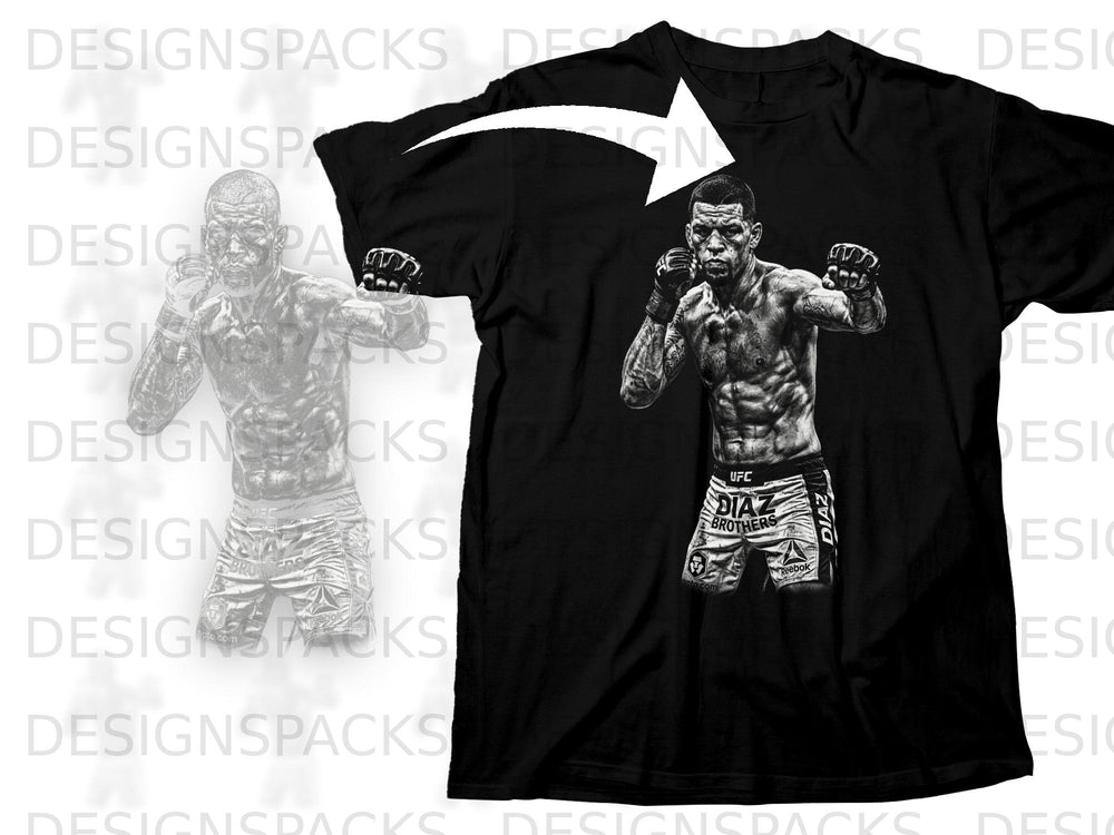 Black t-shirt with graphic of Nate Diaz wearing UFC shorts and boxing gloves.