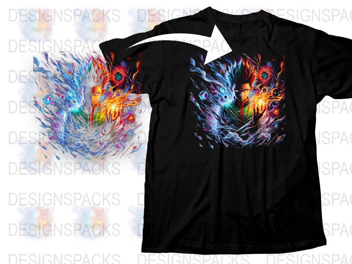 Men's Graphic T-Shirt with Vibrant Fire and Ice Design, Fantasy Art Tee, Colorful Abstract Print, Stylish Casual Wear