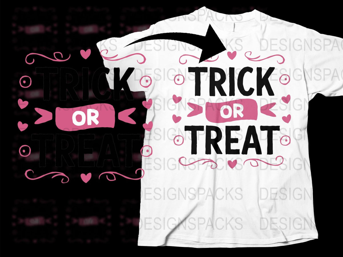 Trick or Treat Halloween T-Shirt, Cute Spooky Graphic Tee, Pink Black White, Men Women Kids Sizes Available